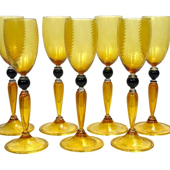 Murano Signed 'Antichi Angeli' Amber Venetian Glass Wine Goblets Italy-Set of 7 - Picture 1 of 6